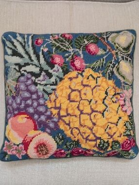Handmade Fruit Needlepoint Pillow - Blue Background Yellow Pineapple Vintage